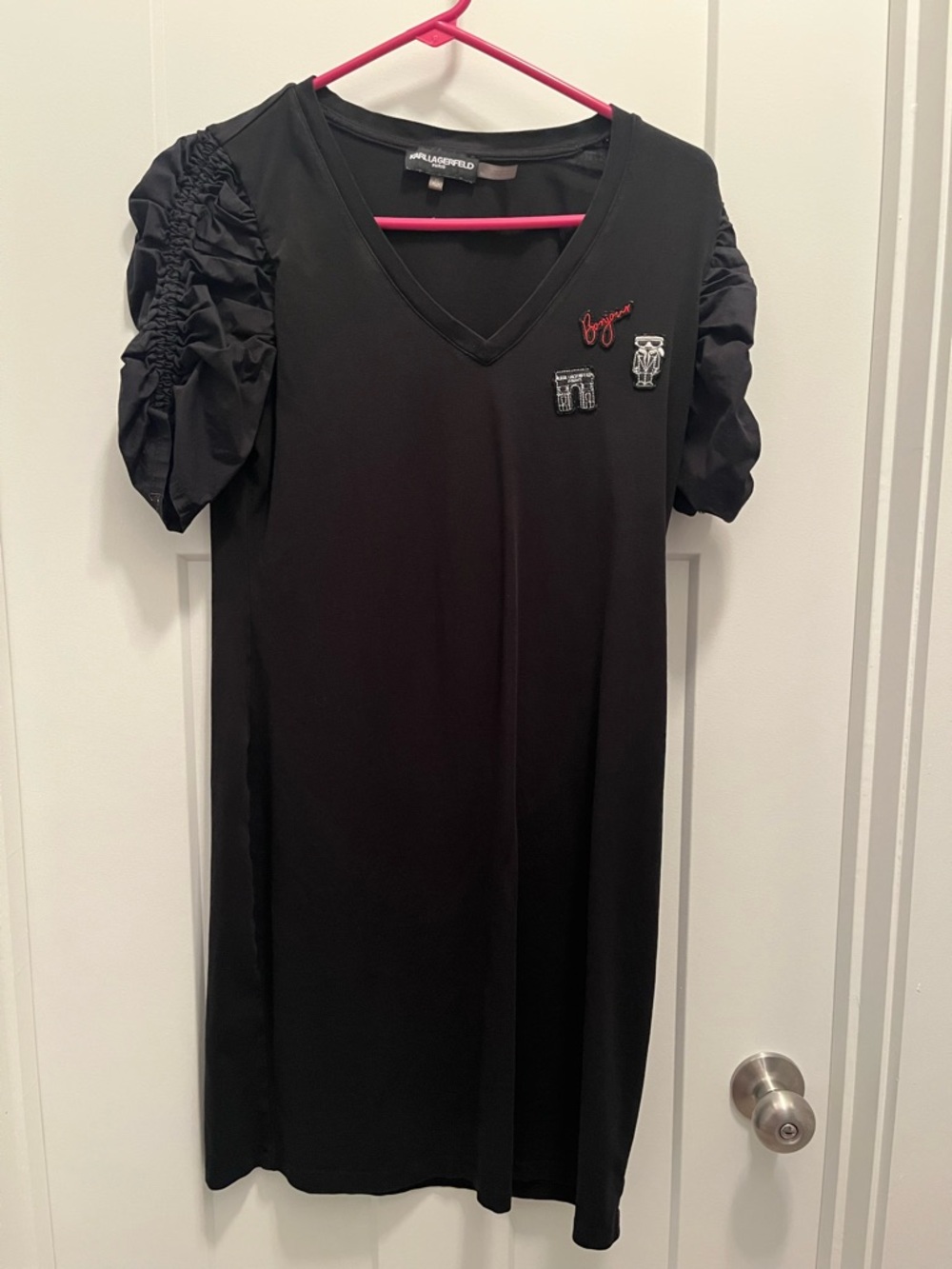Karl Lagerfeld Black V-Neck Puff Sleeve Dress- XS